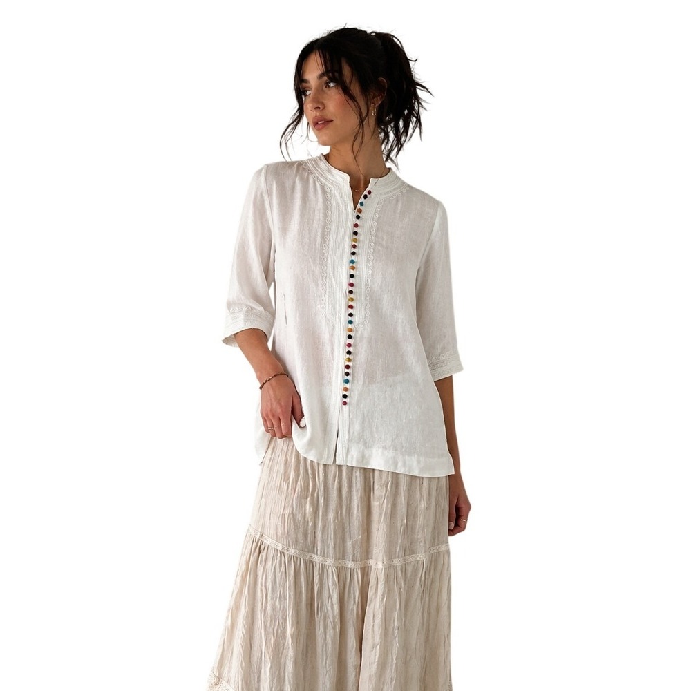 SOFT SURROUNDINGS Linen Blend Embroidered Tunic Top White Boho Peasant XL